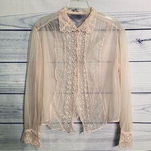 Vintage Blush Light Pink Sheer Lace Eyelet Button Down Shirt 1960s